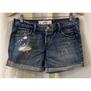 Hollister Jean Booty Shorts women 1 blue cotton polyester rolled cuff distressed